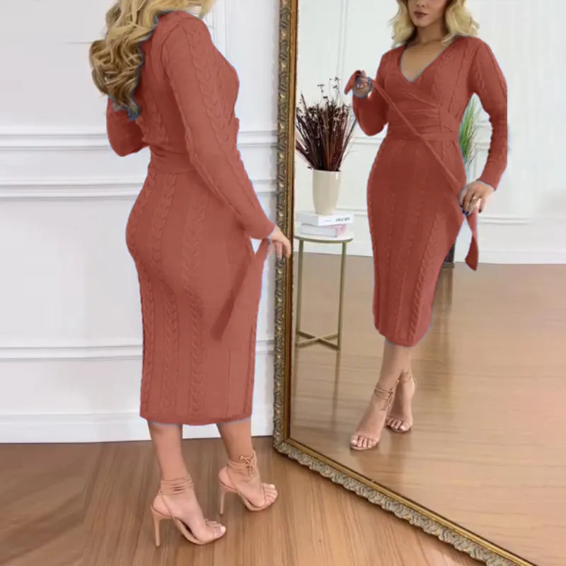 Women's Cable Textured Overlap Deep V-Neck Long Sleeve Mid-Length Dress Tie Waist Slim Fit Knit Dress