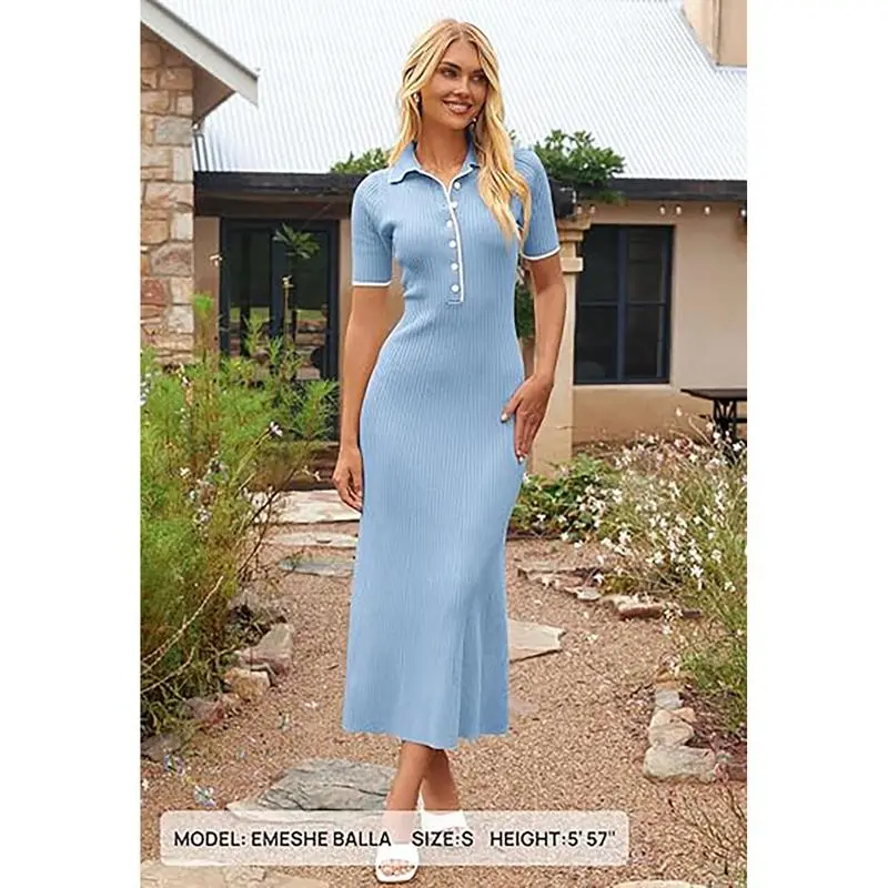 Women's V Neck Ribbed Knit Maxi Dress Button Short Sleeve Slim Fit Bodycon Sweater Dress