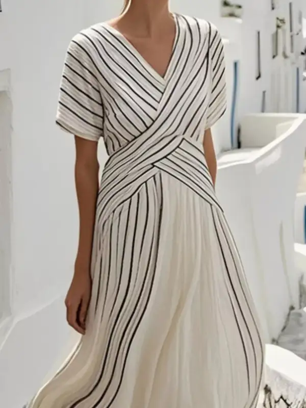 Striped Short Sleeve Wrap Maxi Dress