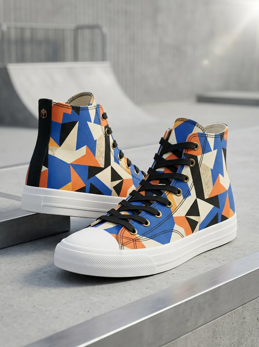Men's Geometric Pattern Blue Orange Printed Canvas Shoes