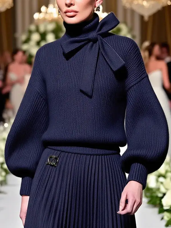 Bow Detail Paneled High Neck Puff Sleeve Relaxed Fit Sweater