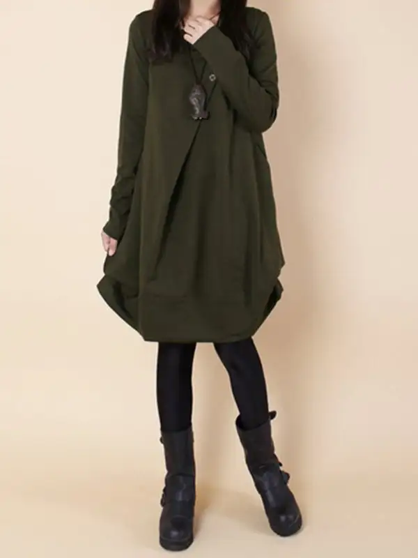 A Line Long Sleeve Pleated Solid Color Round Neck Dress Maxi