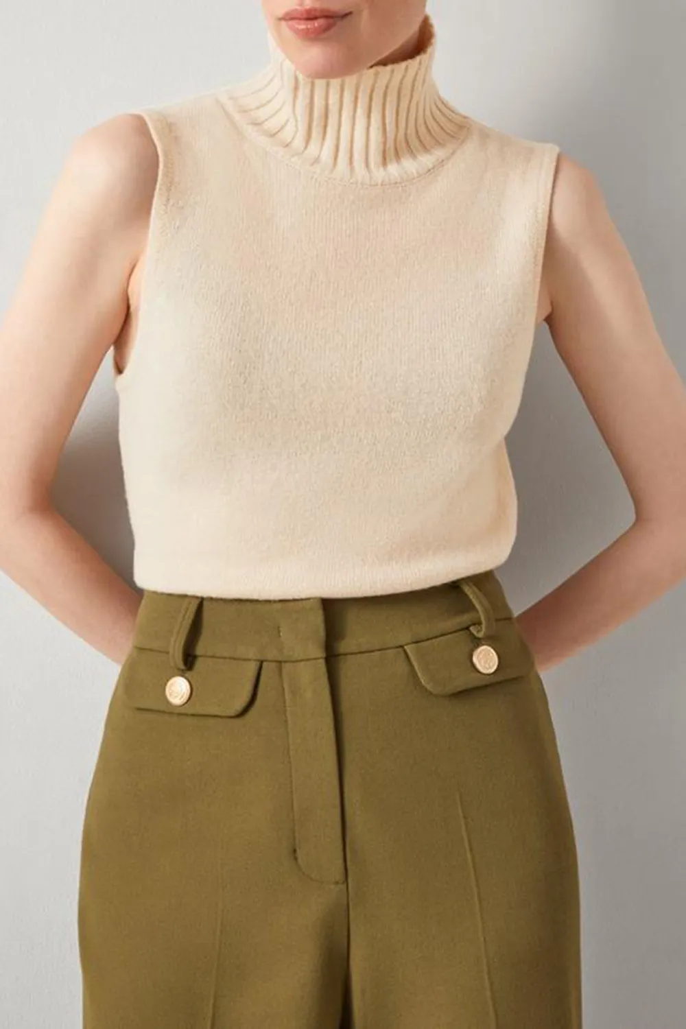Beige Sleeveless Turtleneck Knit Sweater