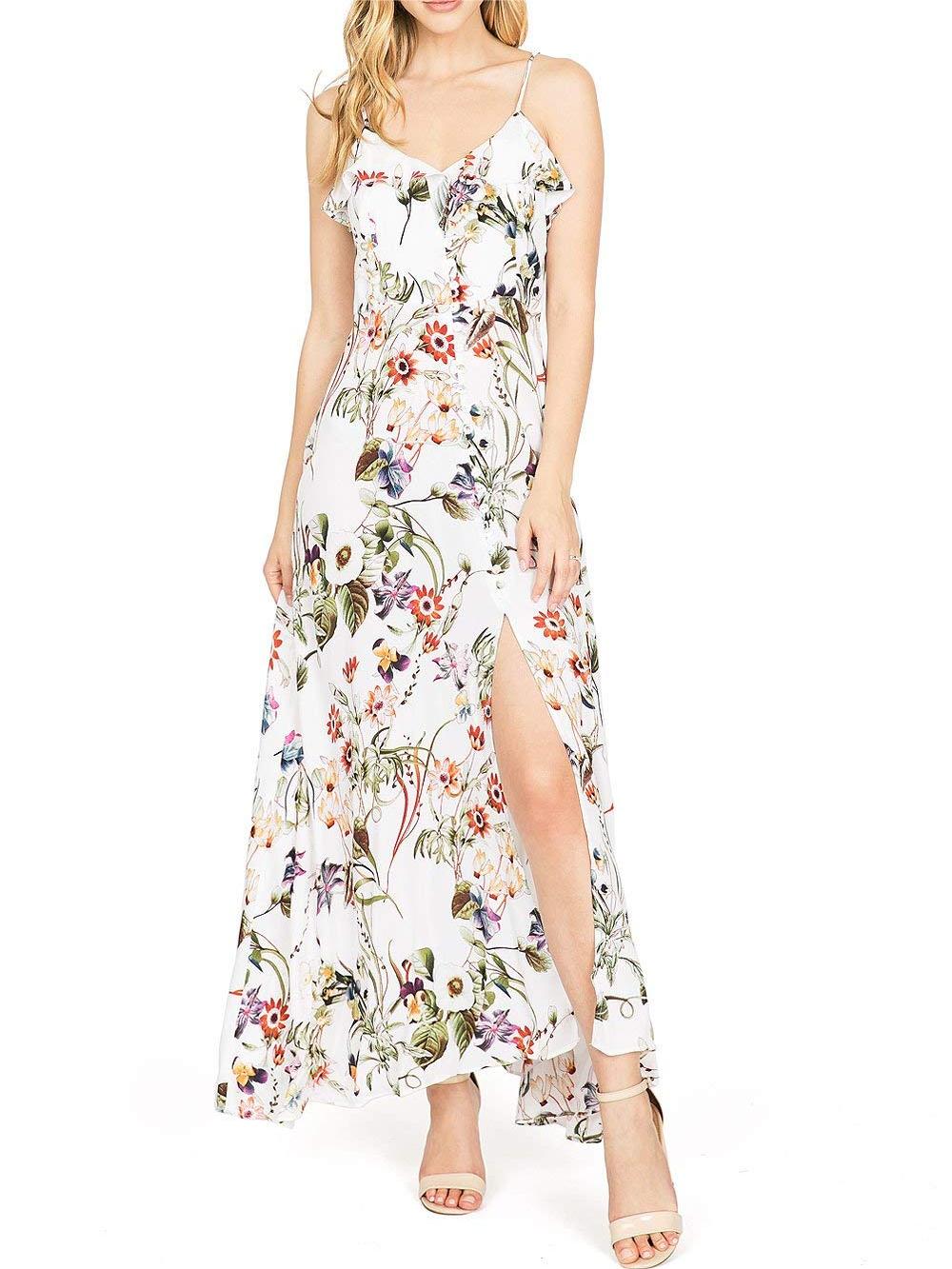 White Floral Spaghetti - Strap Maxi Dress