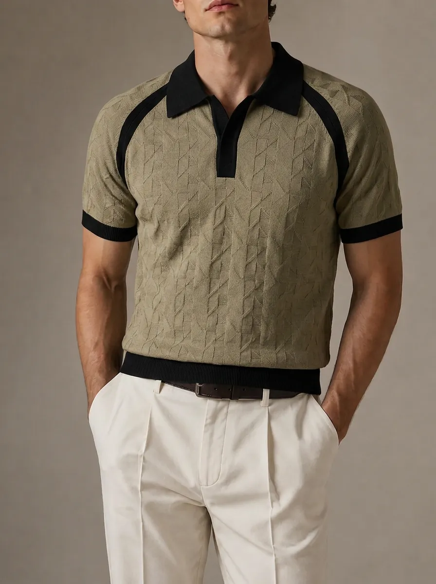 Men's Contrast Raglan Geometric Knit Polo Shirt