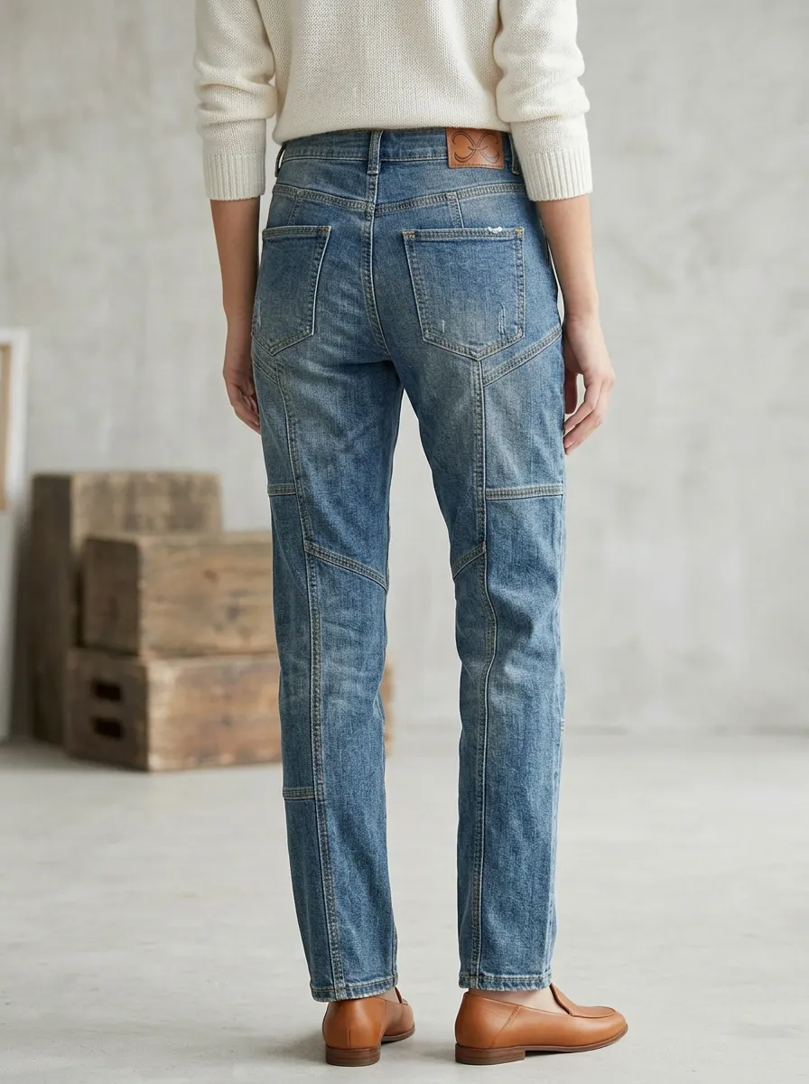 Women's Classic Vintage Patchwork Distressed Denim Straight Jeans
