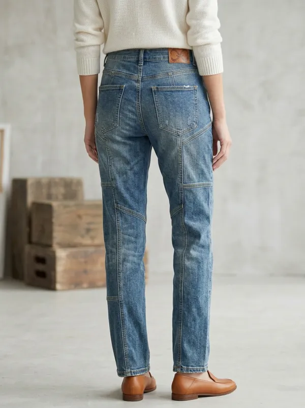 Women's Classic Vintage Patchwork Distressed Denim Straight Jeans