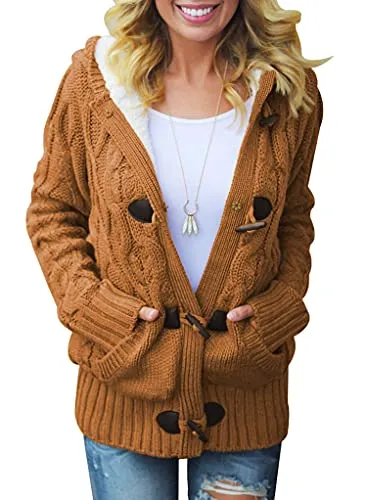 Women Hooded Knit Cardigans Button Cable Sweater Coat