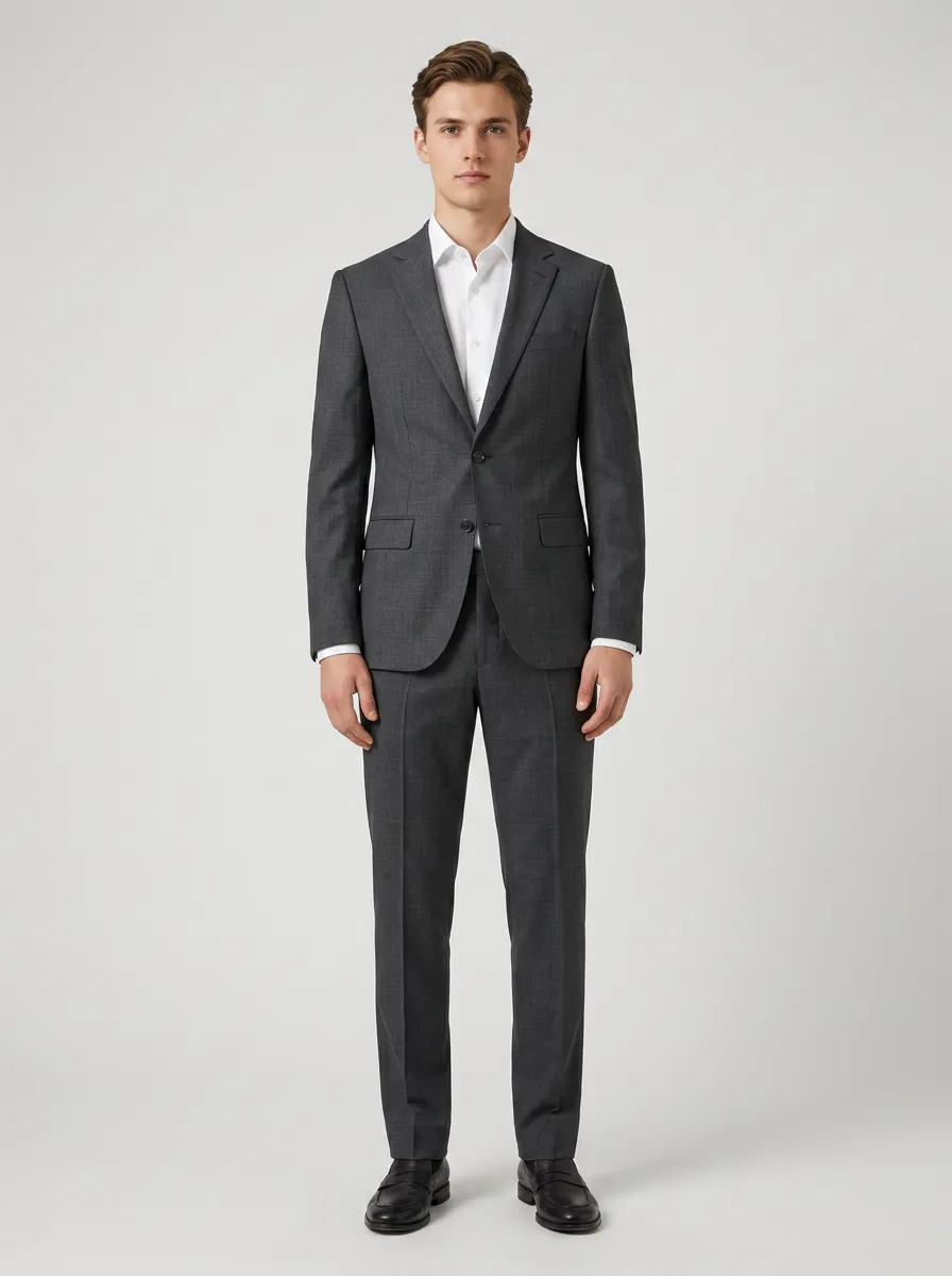 Men's Notched Lapel Business Formal Charcoal Grey Solid Two-Piece Suit