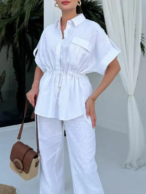 Relaxed Drawstring Blouse And Pants Set