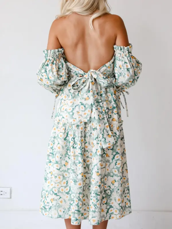 Sage Floral Off-The-Shoulder Midi Dress