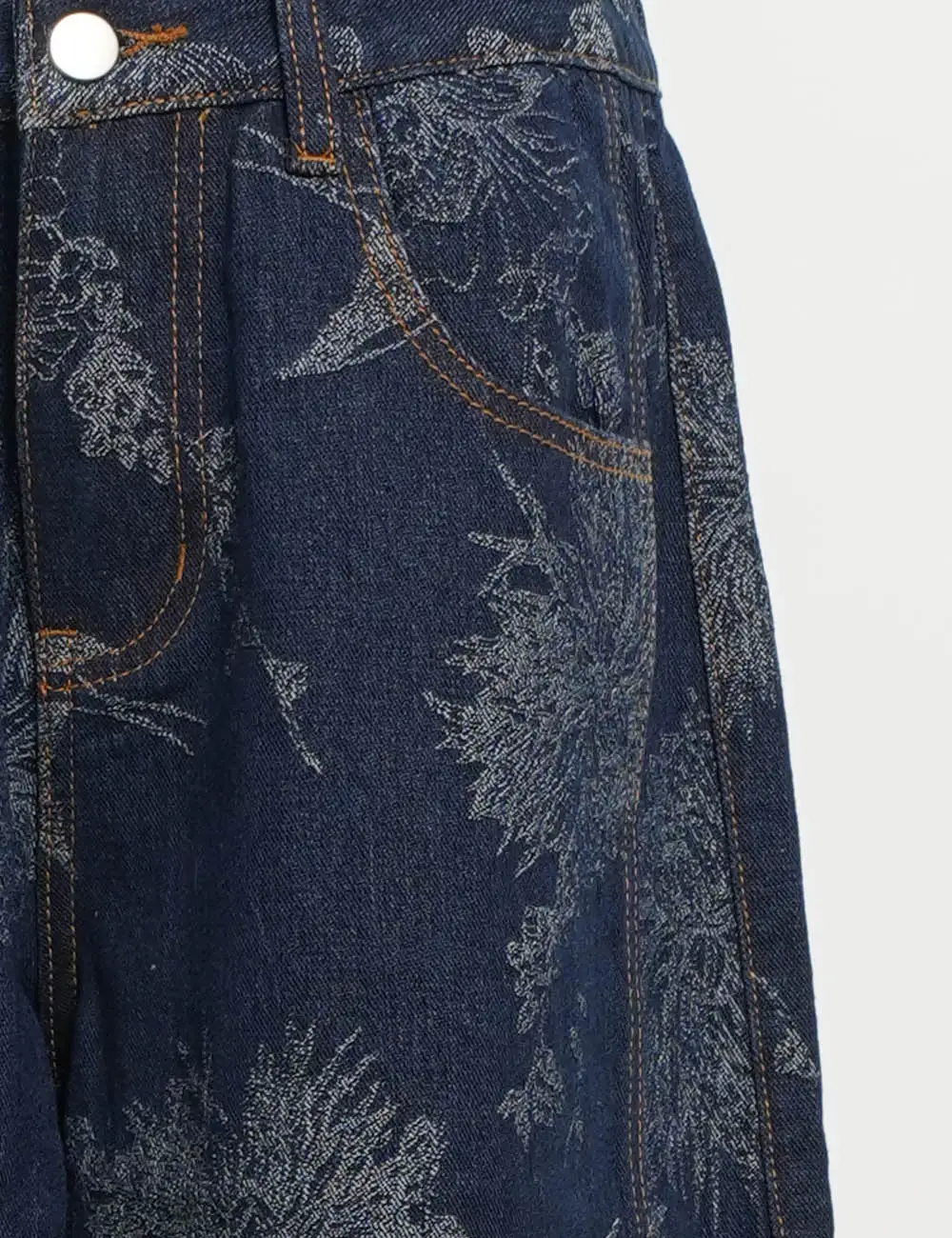 Color Block Floral Print Pocket Barrel Leg Denim Pants