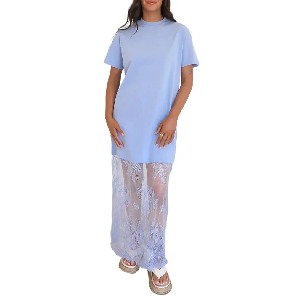 Women’s Oversized Tee Maxi Dress – Lace Hem Drop Shoulder Casual Chic