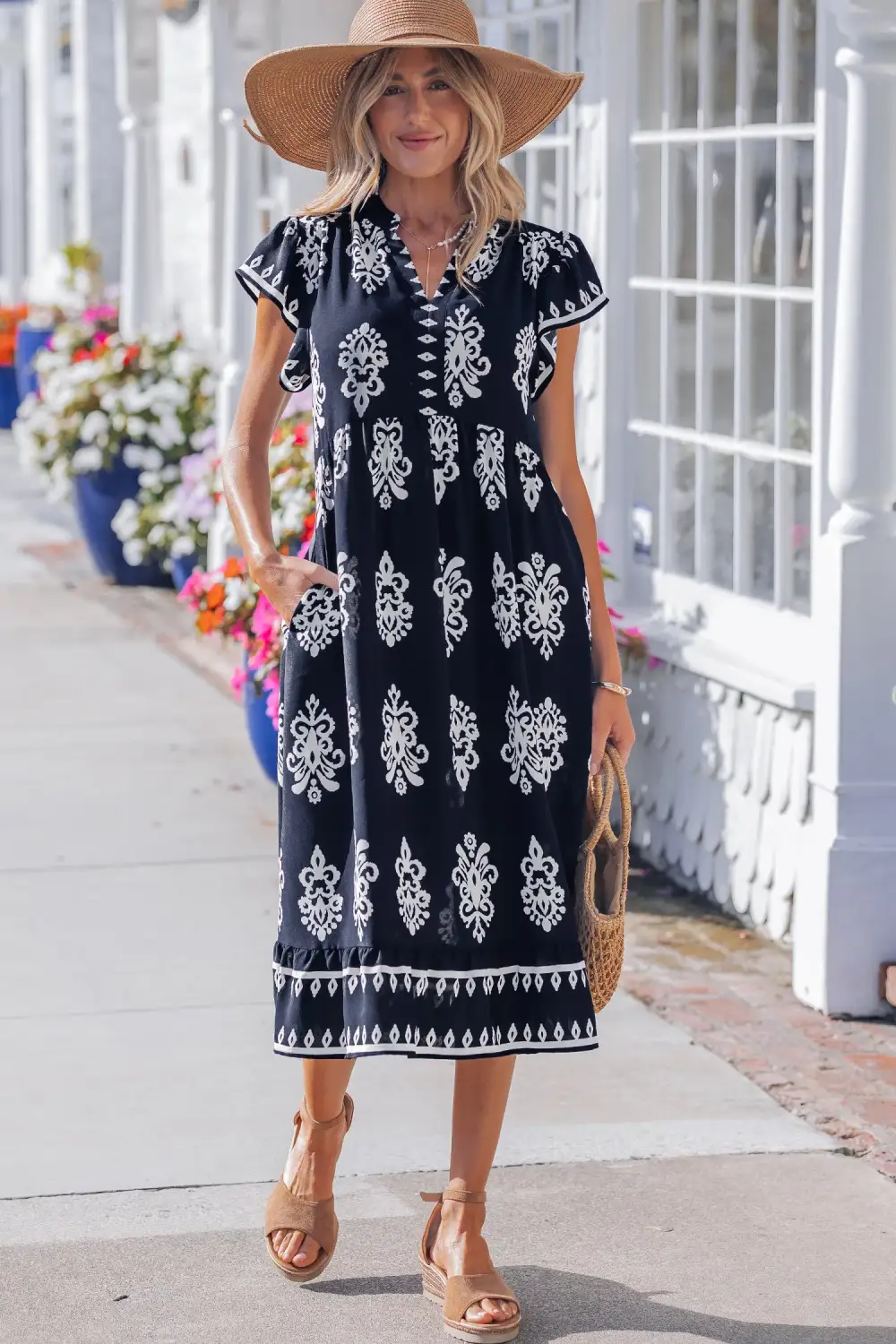 Printed Split Neck Short Sleeve Midi Dress