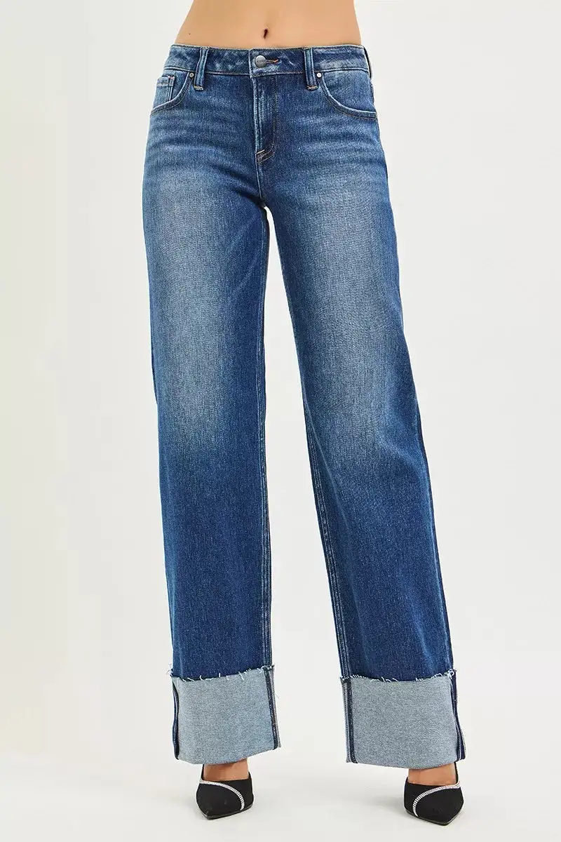 Mid-Rise Relaxed Raw-Hem Washed Wide Straight Jeans