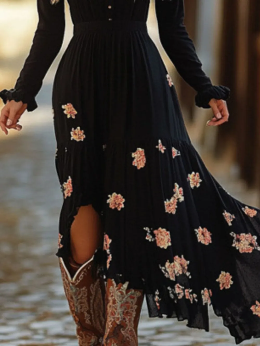 Floral Printed Long Sleeve Dress Casual