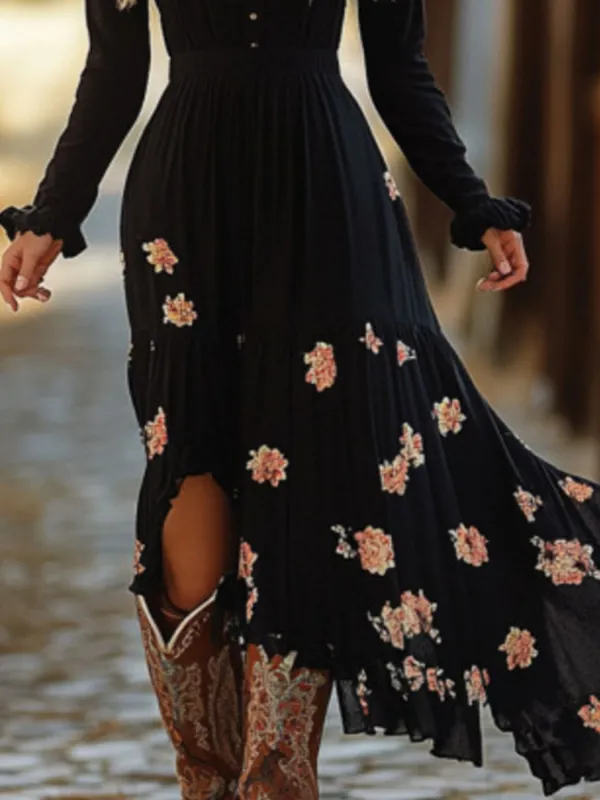 Floral Printed Long Sleeve Dress Casual