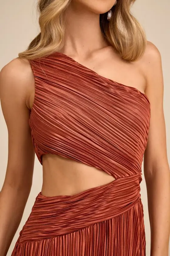 Rocca Rust Plisse Pleated Cutout One-Shoulder Maxi Dress
