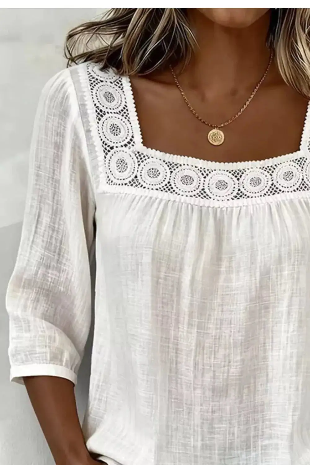 Crochet Trim Square Neck Blouse