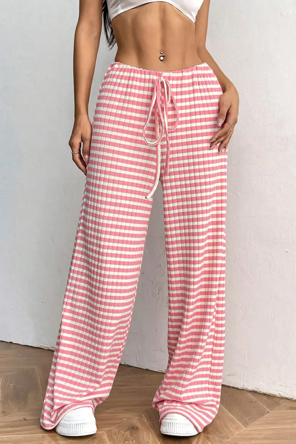 Striped Drawstring Cotton Straight Leg Pants