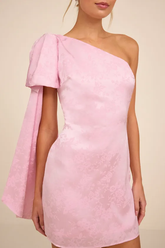 Jayda Navy Satin Jacquard One-Shoulder Sash Mini Dress