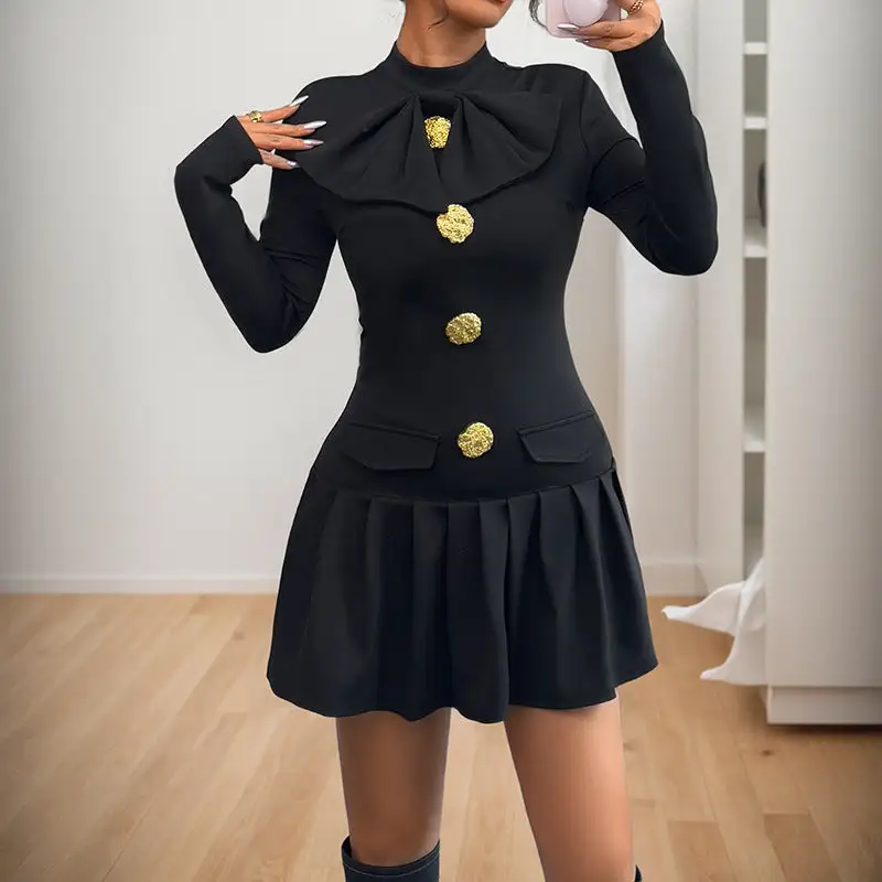 Women's Long-Sleeve Ruffled Evening Mini Dress