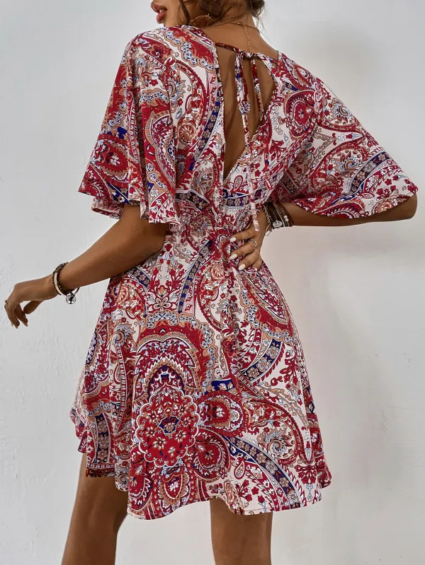 Plus Size Allover Paisley Print Tie Back Butterfly Sleeve Dress Without Belt
