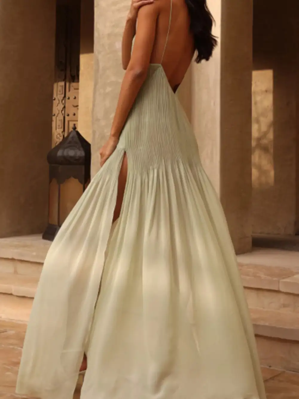 Elegant Pleated Sheer Maxi Cami Dress