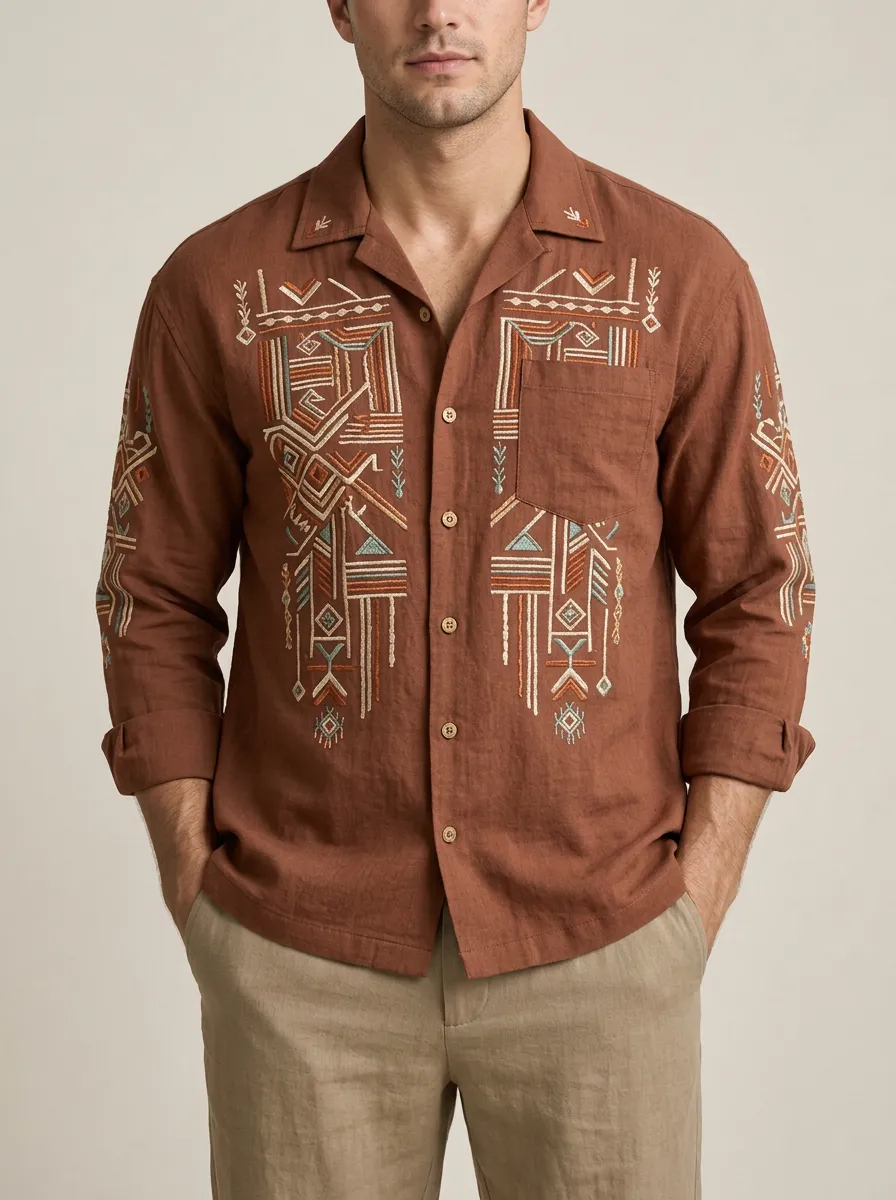 Men's Boho Inspired Tribal Boho Embroidered Long Sleeve Shirt