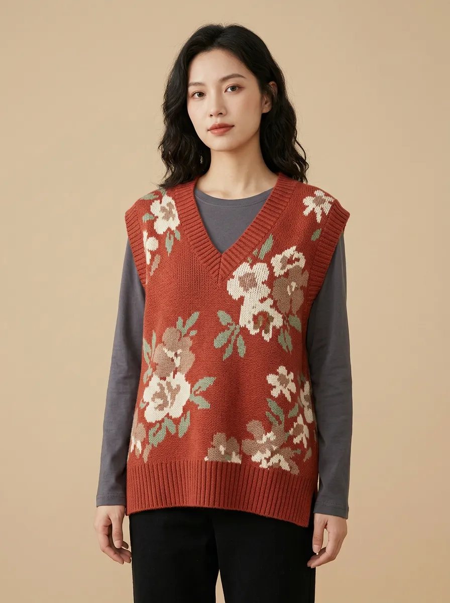 Relaxed Floral Vneck Sweater Vest