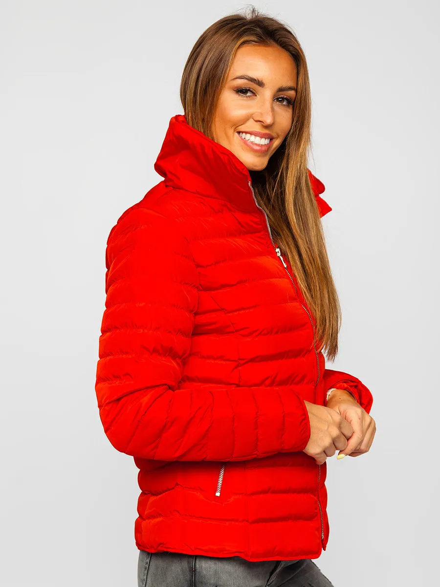 women's red quilted winter jacket without hood