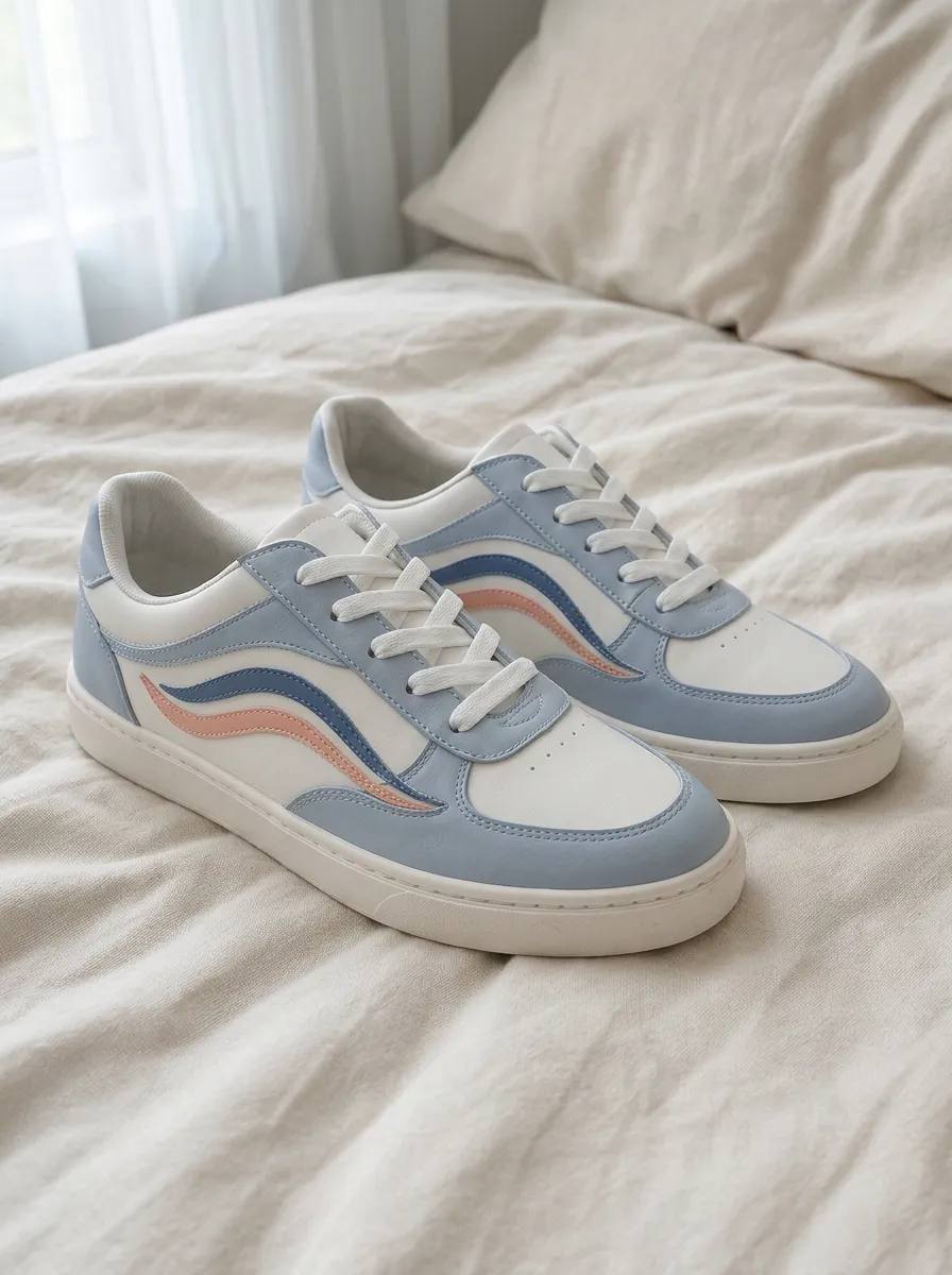 Women's Pastel Blue and Pink Wave Pattern Printed Sneakers