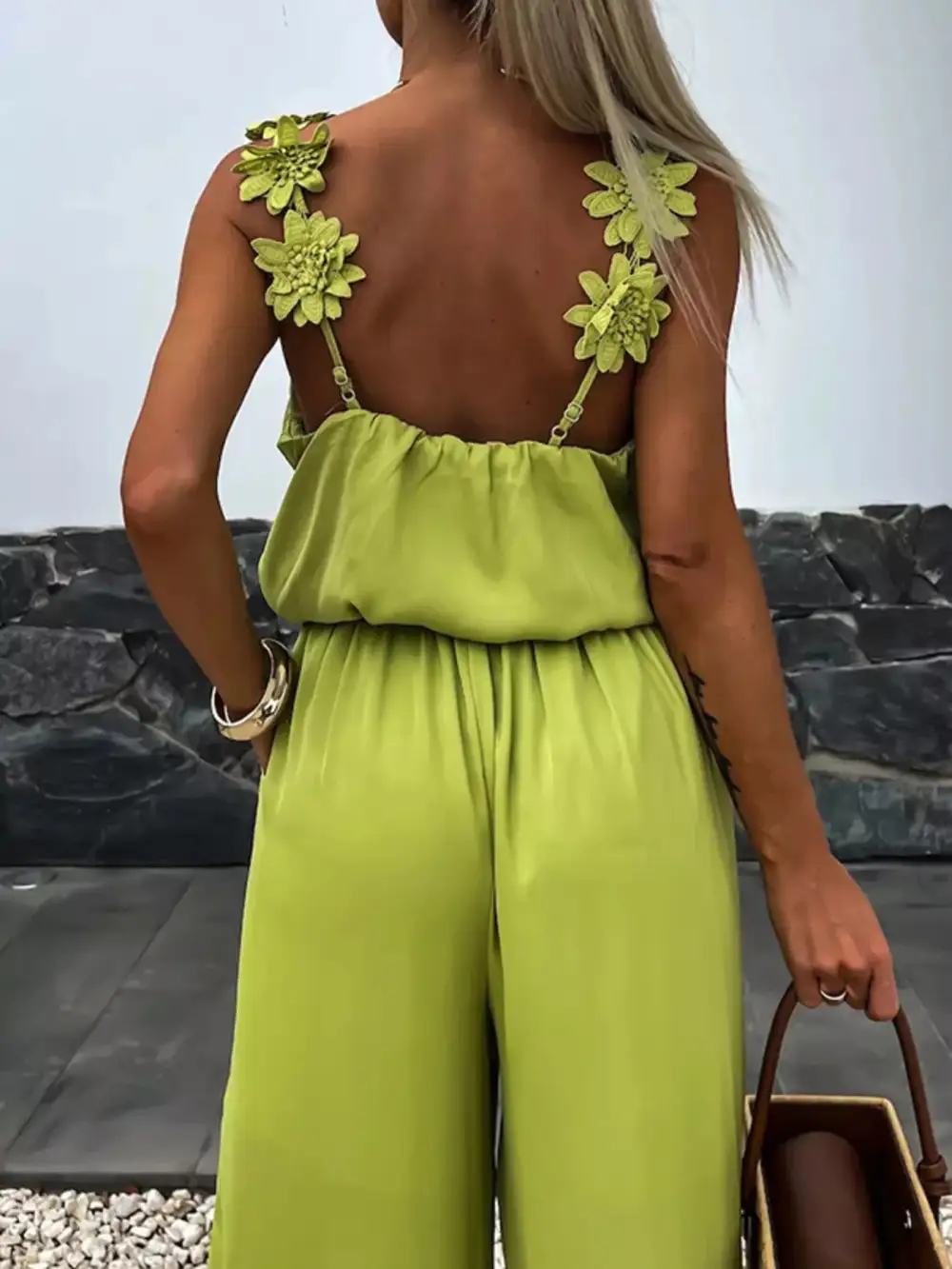 Floral Applique V Neck Wide Leg Jumpsuit
