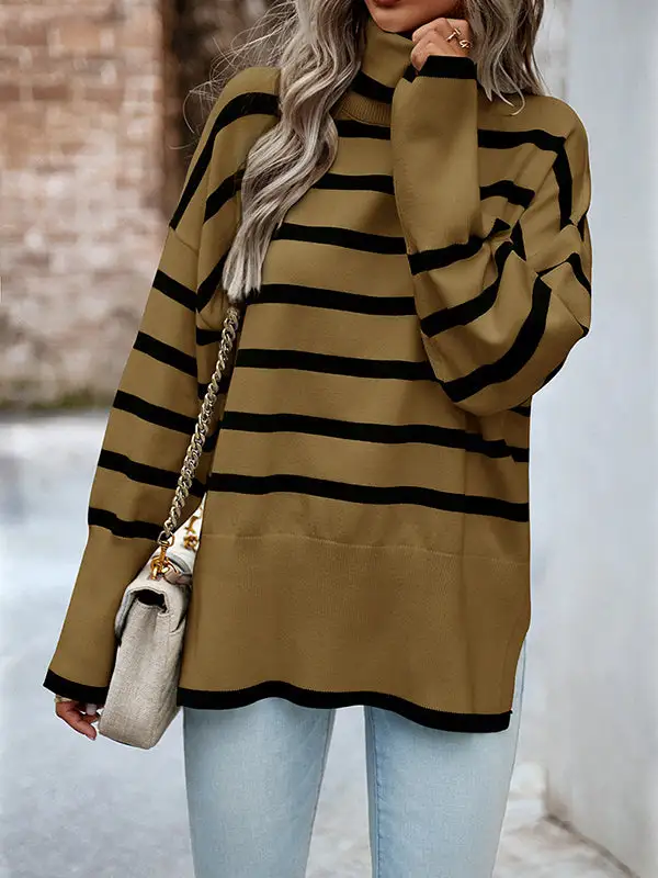 Striped Split Hem High Neck Long Sleeve Relaxed Fit Pullover Sweater