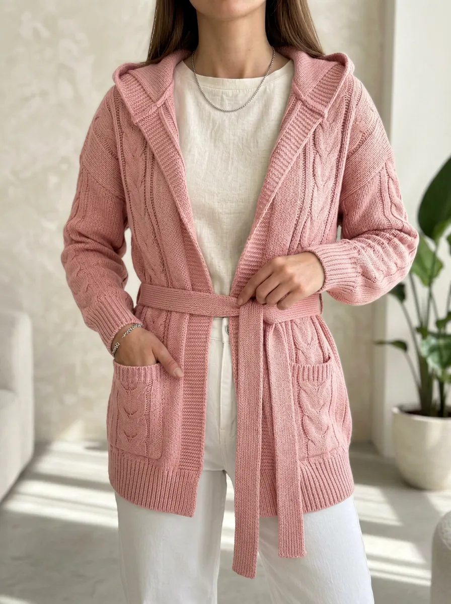 Belted Women's Hooded Knit Cardigan