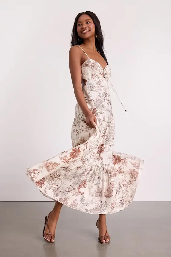 Molana Cream Botanical Print Tiered Maxi Dress