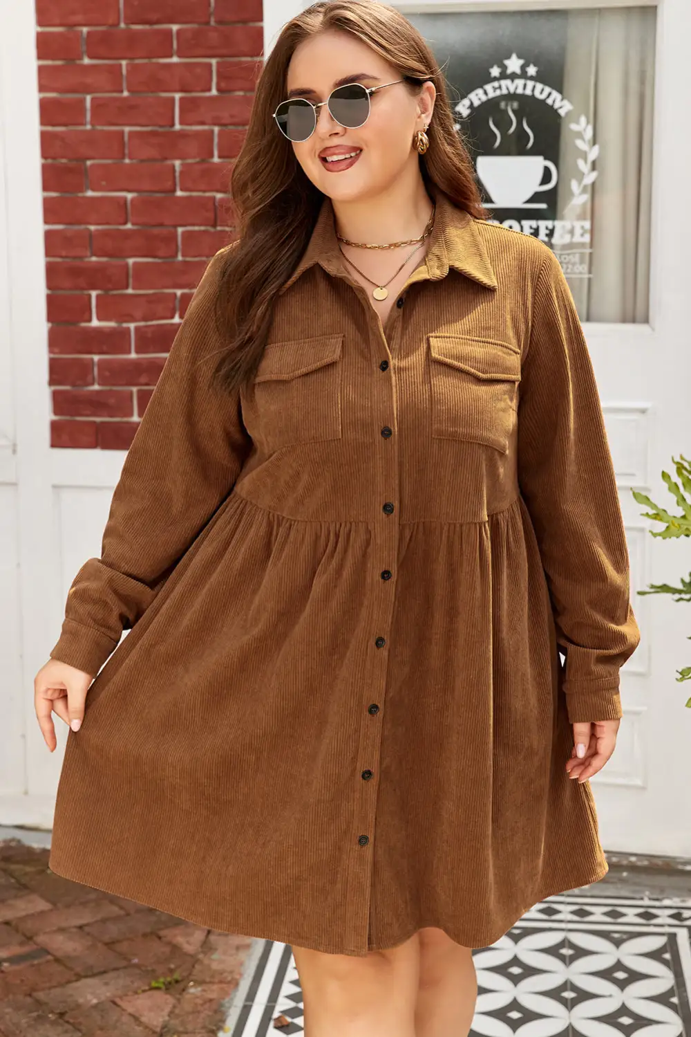 Corduroy Button Front Collared Dress Casual