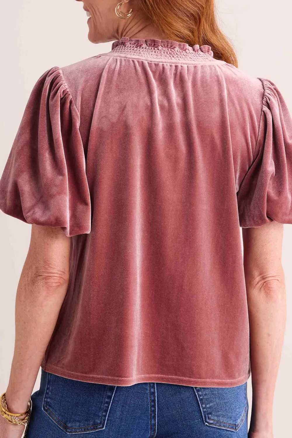 Pink Velvet Puff Sleeve Ruffled Neck Tie-Front Top