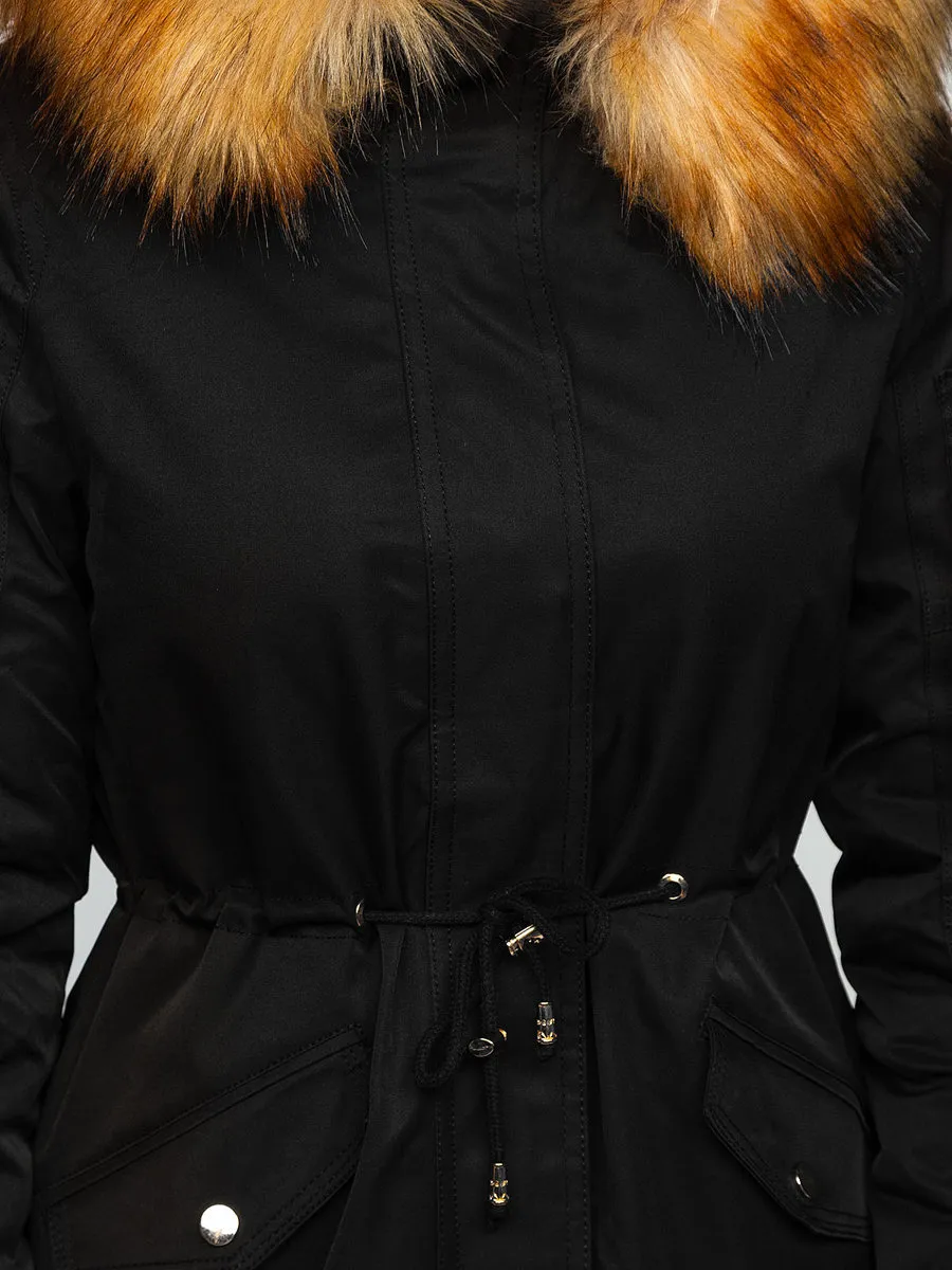 Black women's winter parka jacket with hood