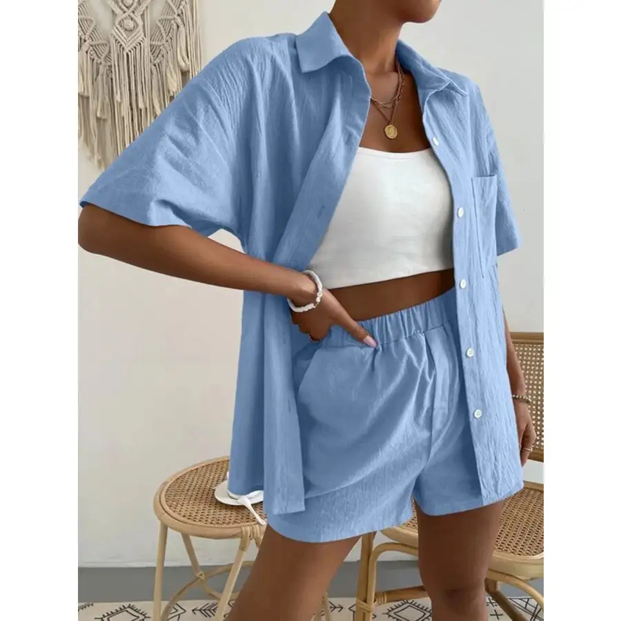 Button Up Short Sleeve Shirt and Shorts Set