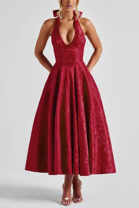 Vintage Elegant Jacquard V Neck Halter Midi Dress
