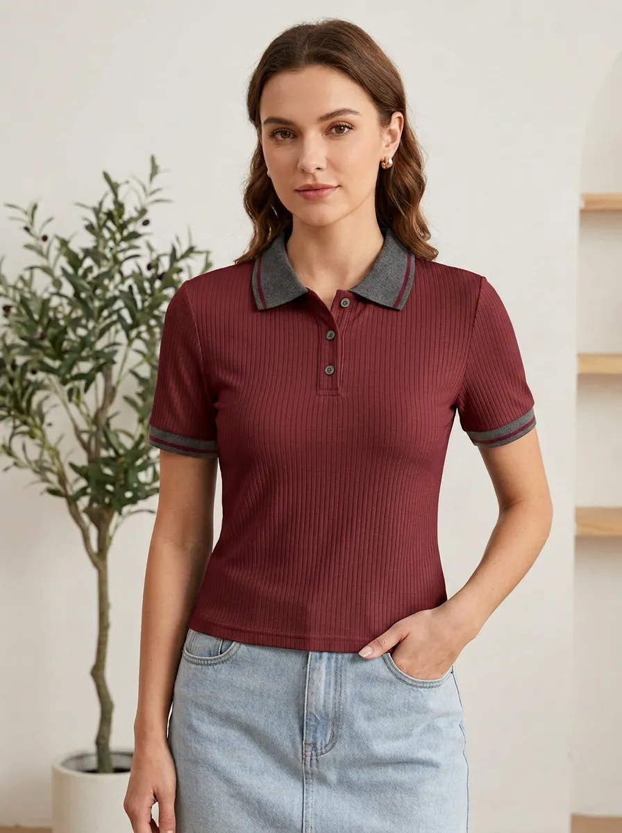 Women's Button-Placket Ribbed-Knit Ribbed Polo Shirt