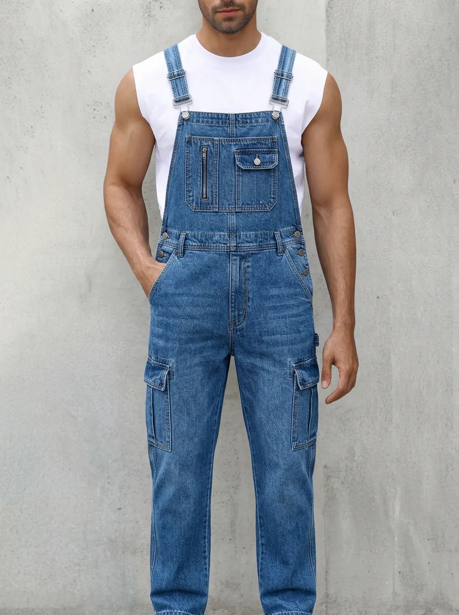 Men's Casual Streetwear Multi-Pocket Denim Cargo Overalls
