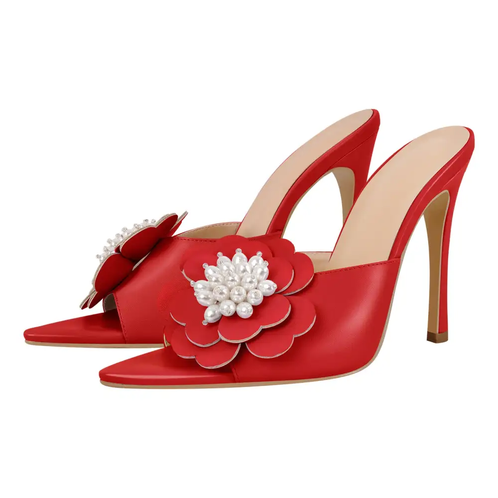 Pearl Flower Pointed Toe Stiletto Mule Sandals