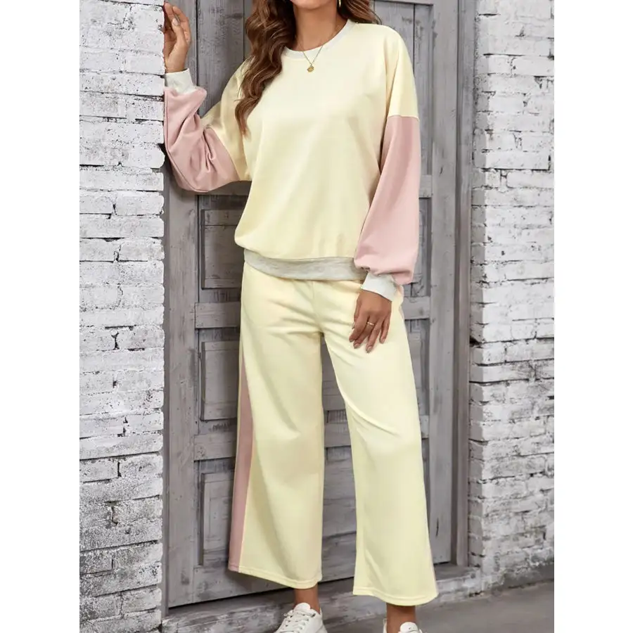 Block Round Neck Top and Pants Set