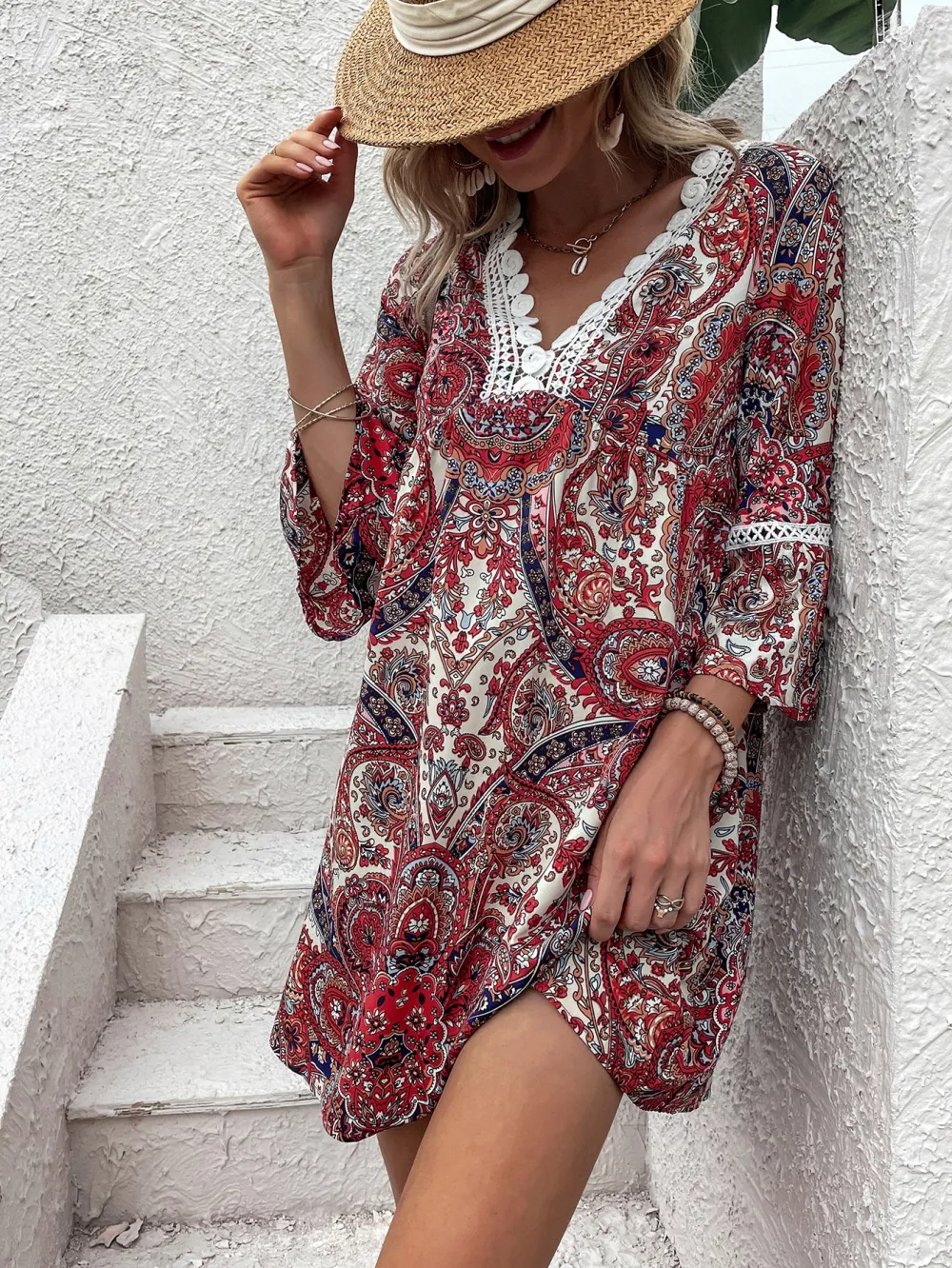 Plus Size Paisley & Floral Print Contrast Guipure Lace Flounce Sleeve Dress