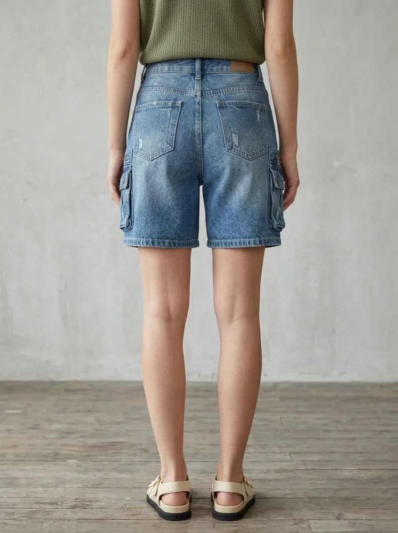 Women's Vintage Inspired Casual Streetwear Distressed Cargo Denim Shorts