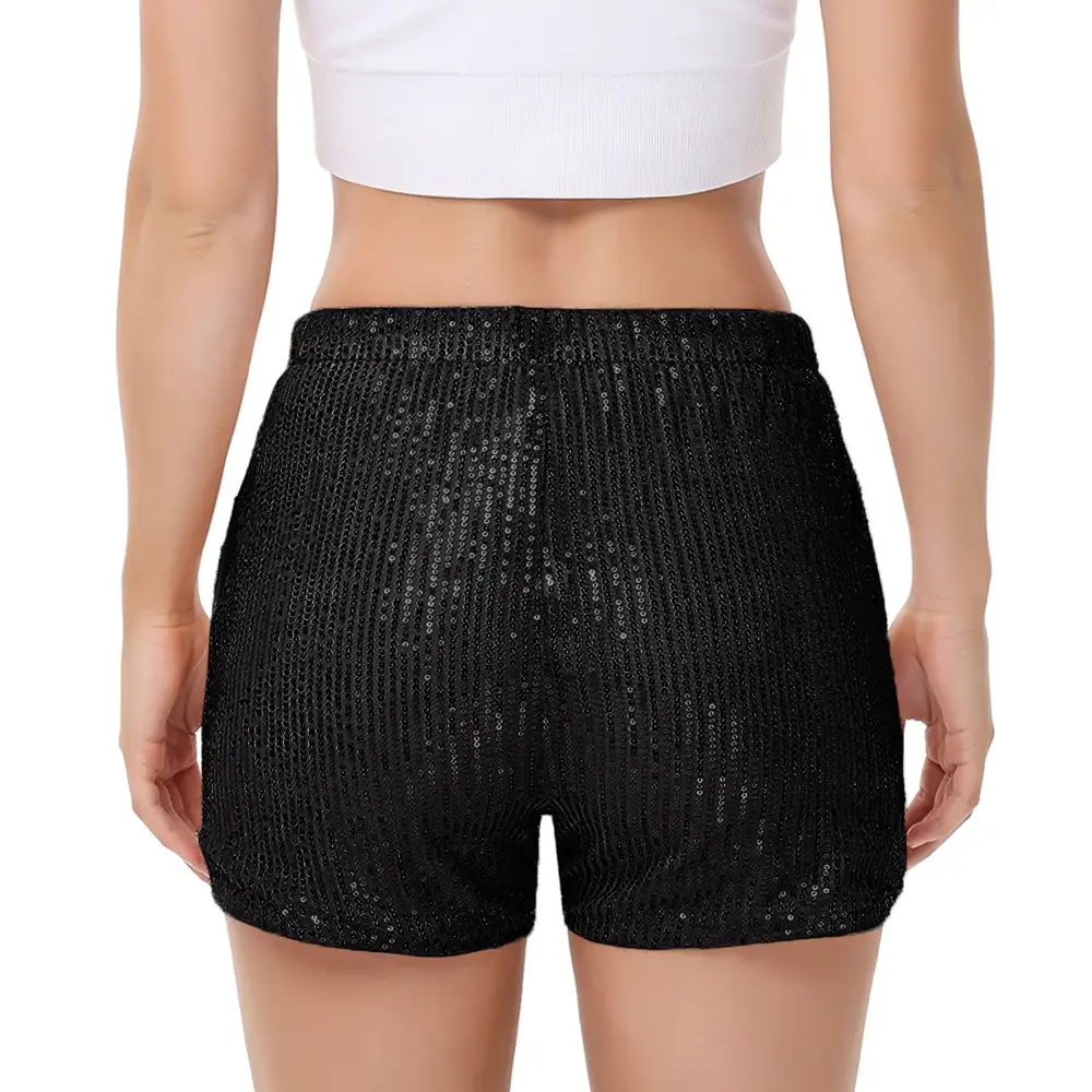 High-Waist Elastic-Waist Pocketed Straight Sequin Shorts