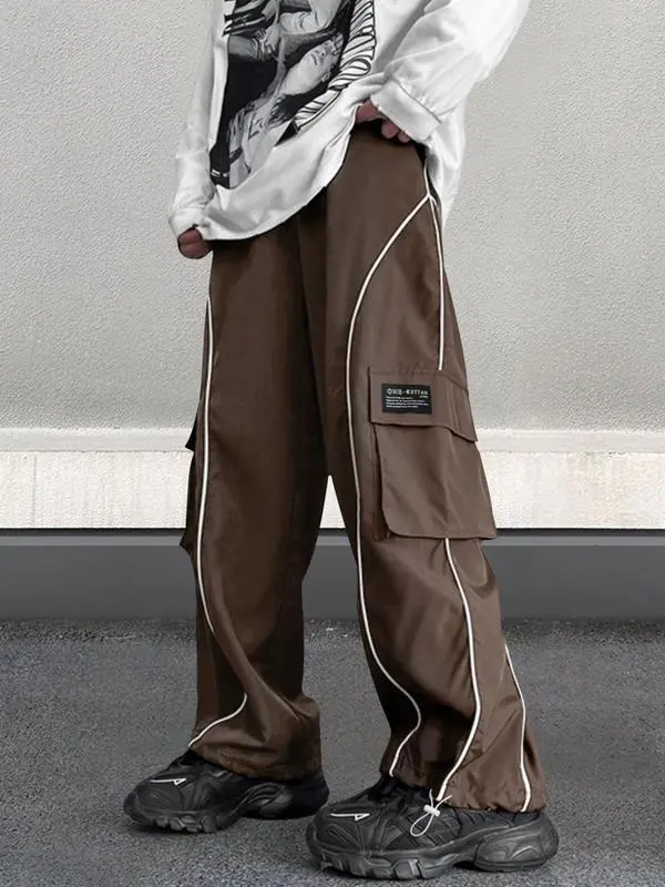 Men’s Loose Fit Cargo Pants with Letter Patch & Contrast Binding – Casual Drawstring Trousers for Spring, Fall & Winter