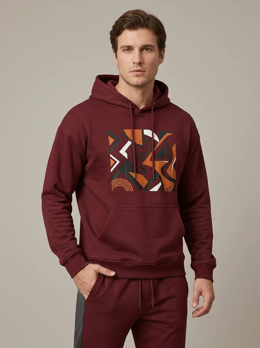 Men's Olive Geometric Pattern Printed Hoodie Jogger Set